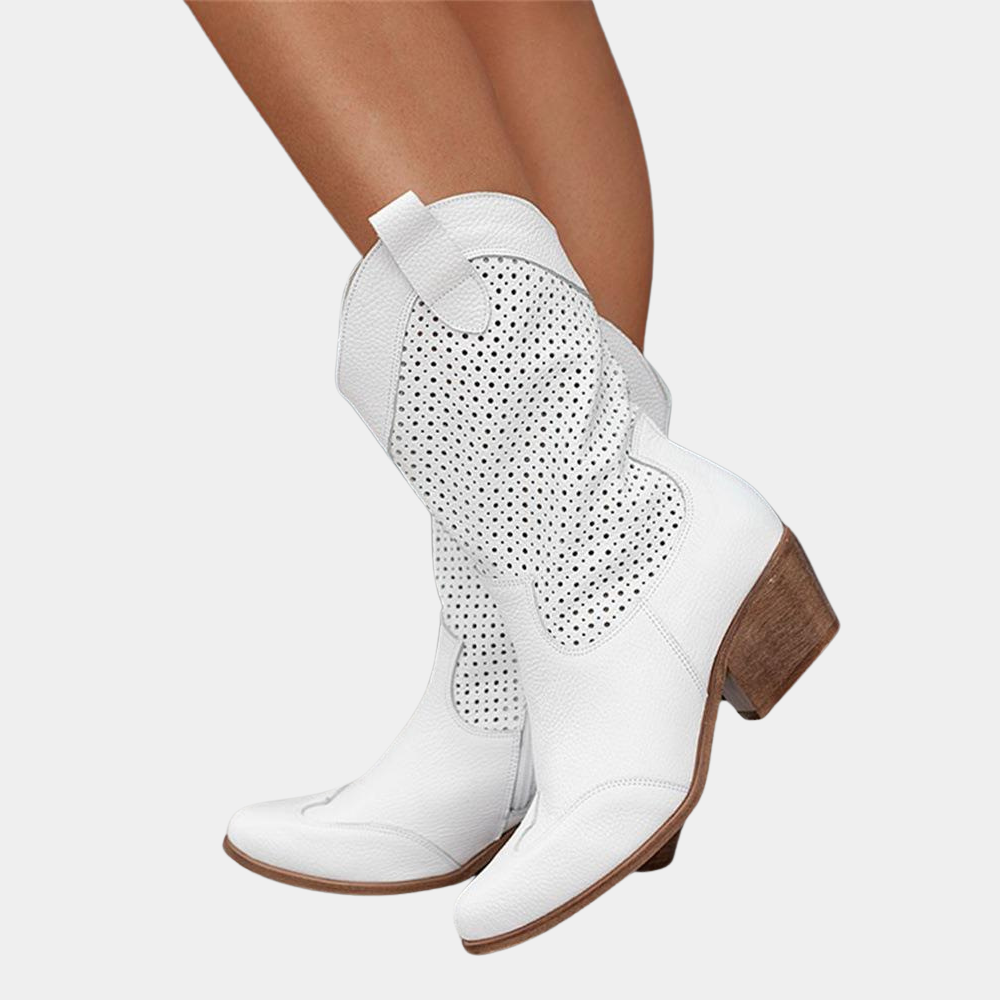 Women's Mid-Calf Block Heel Cowboy Boots - VibreMode