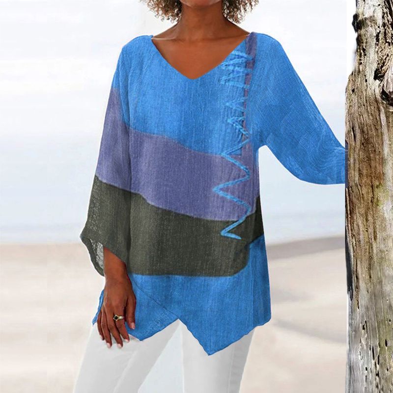 Women's V-Neck Colorblock Asymmetrical Hem