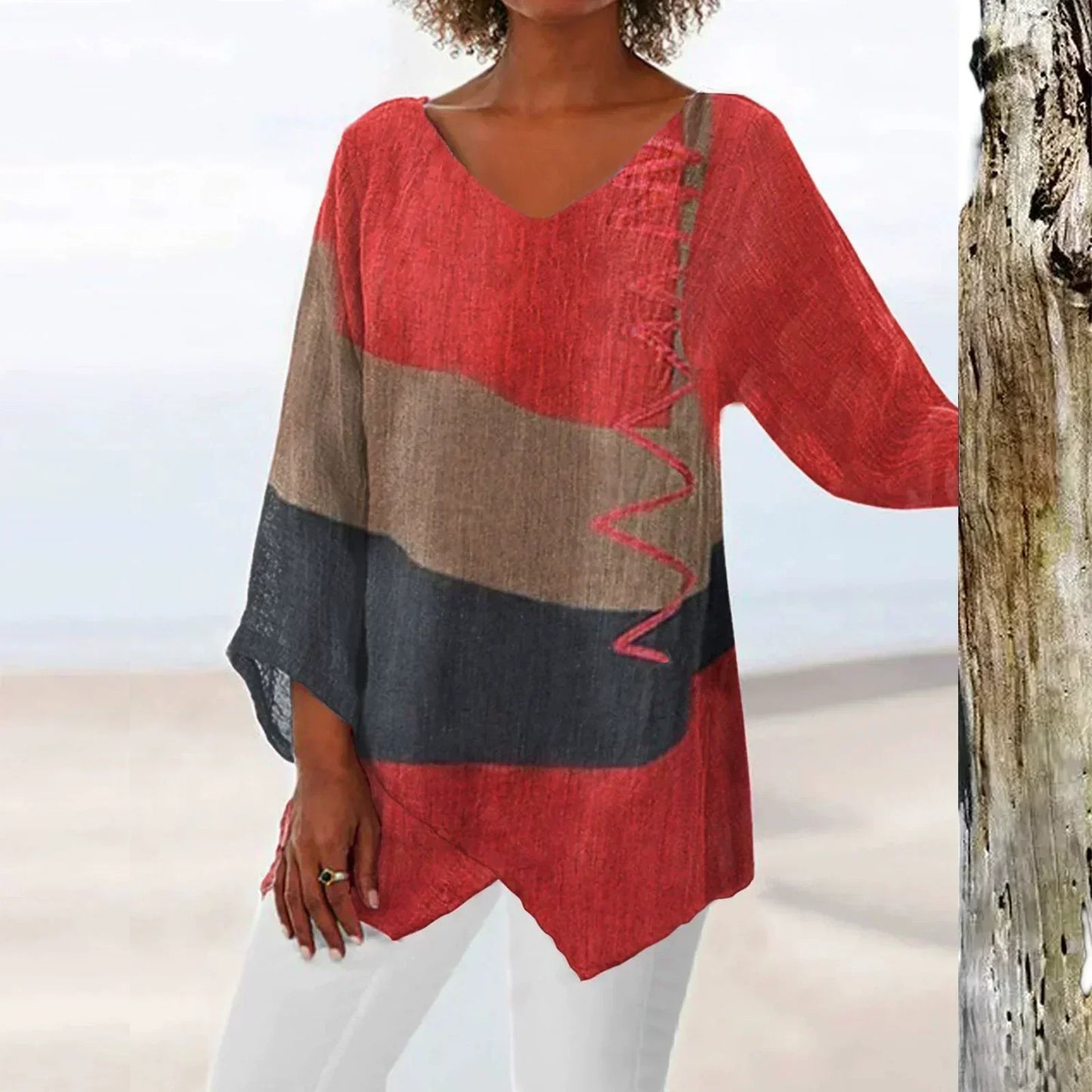 Women's V-Neck Colorblock Asymmetrical Hem - VibreMode