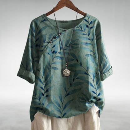 Women's Leaf Print Blouse Half Sleeve Button Front