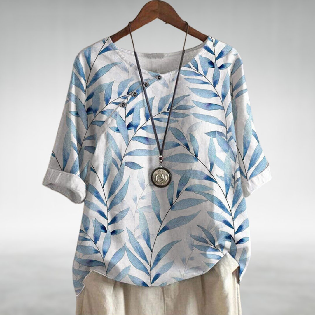Women's Leaf Print Blouse Half Sleeve Button Front