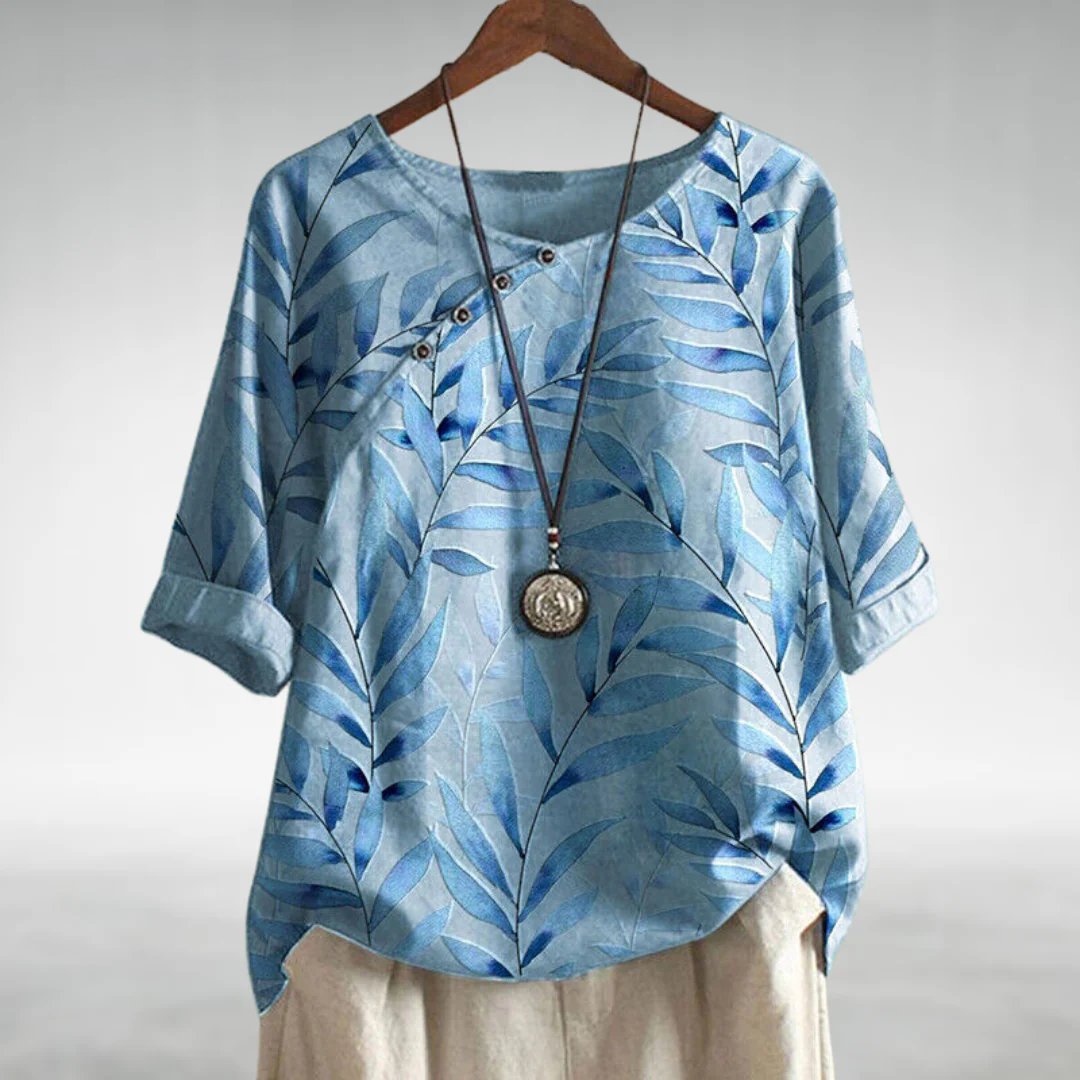 Women's Leaf Print Blouse Half Sleeve Button Front - VibreMode