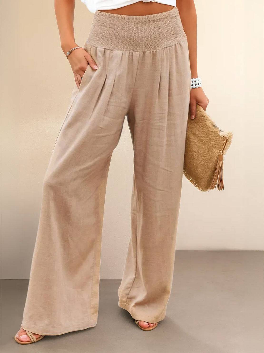 Women's High Waist Wide Leg Pants Smocked Waist - VibreMode