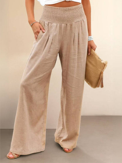 Women's High Waist Wide Leg Pants Smocked Waist - VibreMode