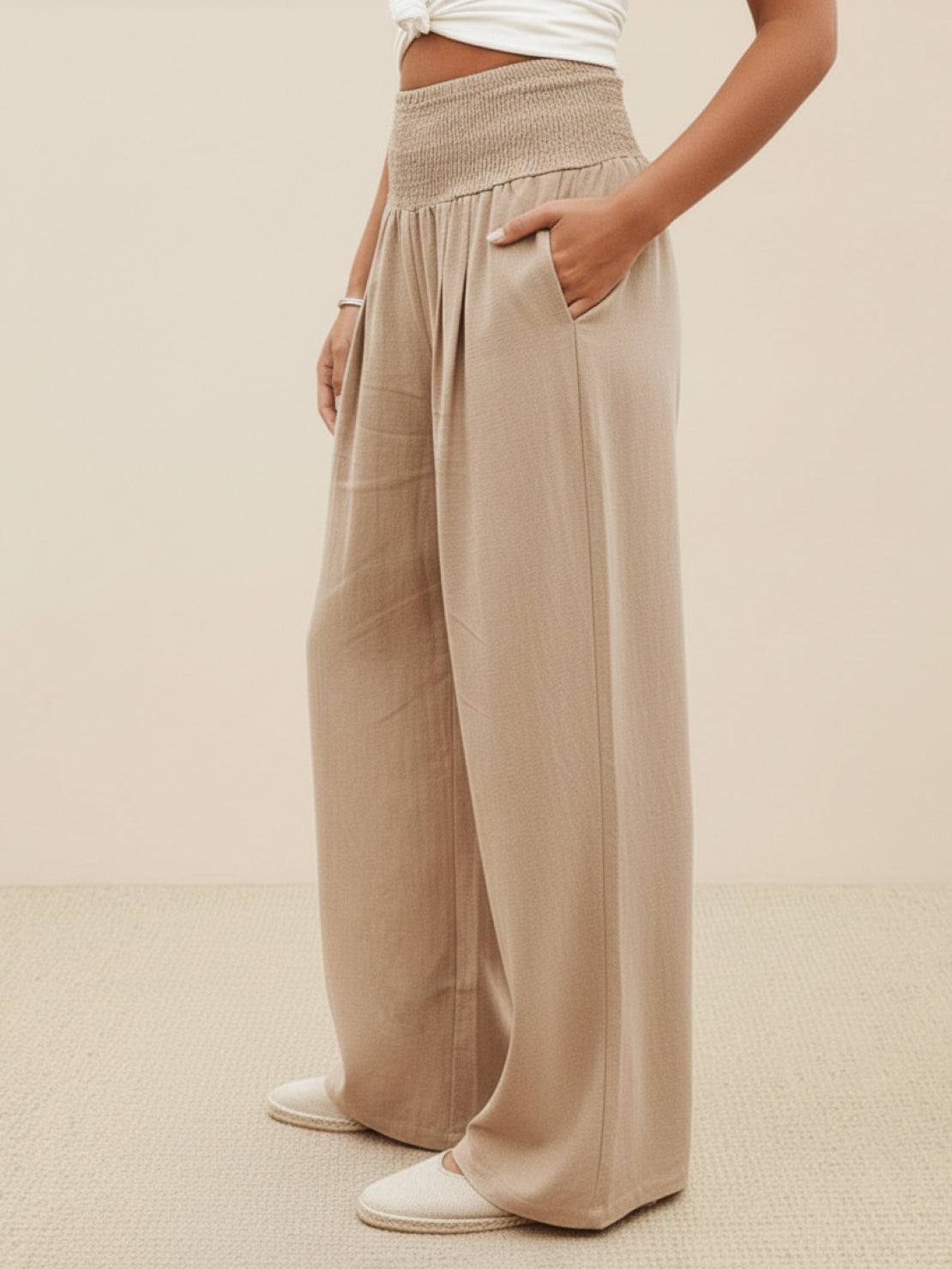 Women's High Waist Wide Leg Pants Smocked Waist