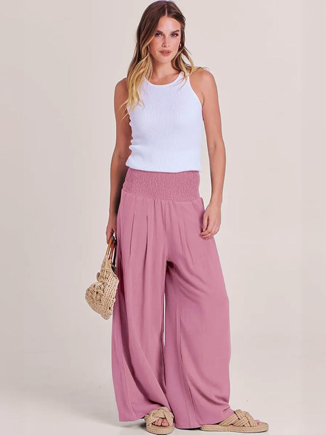 Women's High Waist Wide Leg Pants Smocked Waist