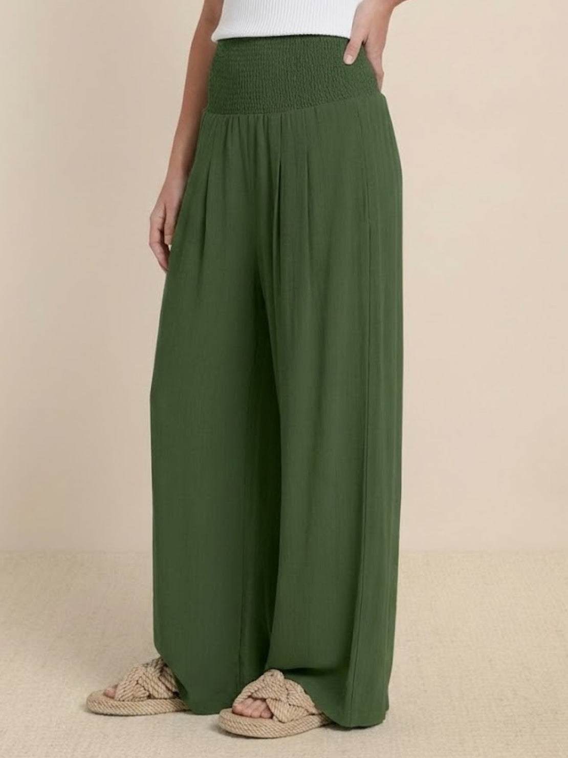 Women's High Waist Wide Leg Pants Smocked Waist