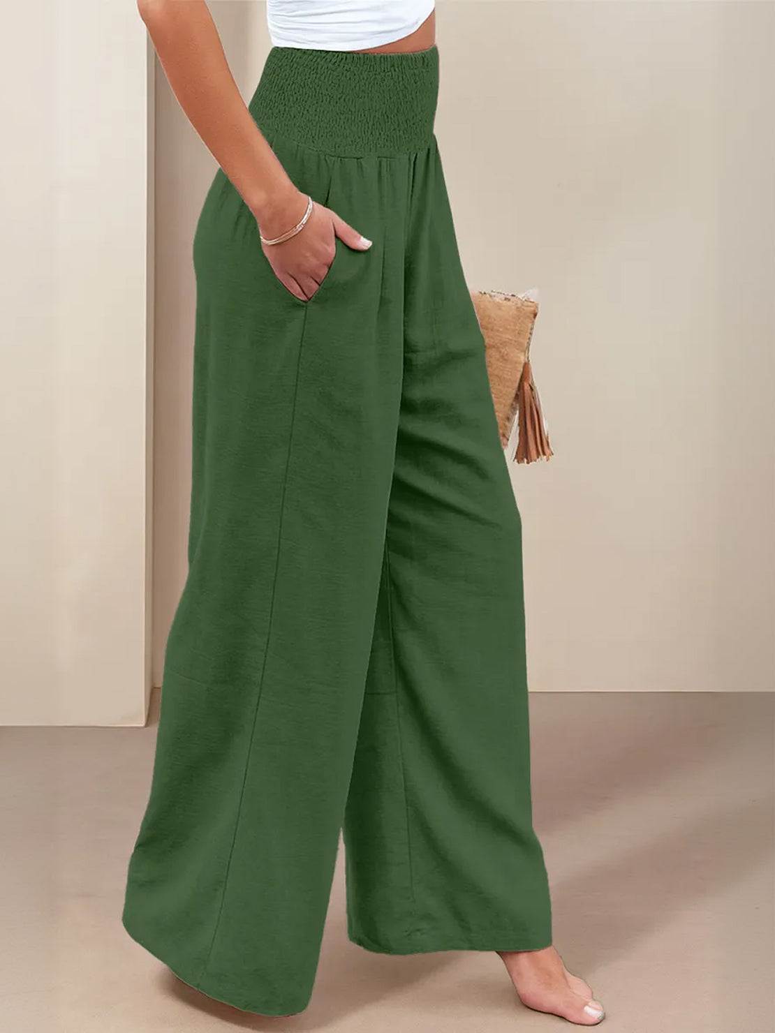 Women's High Waist Wide Leg Pants Smocked Waist