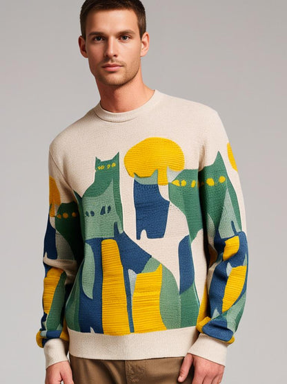 Fun Feline Design Crew Neck Sweater - VibreMode