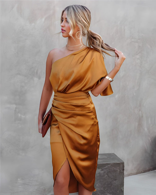 Women's Satin One-Shoulder Midi Dress with Ruffles