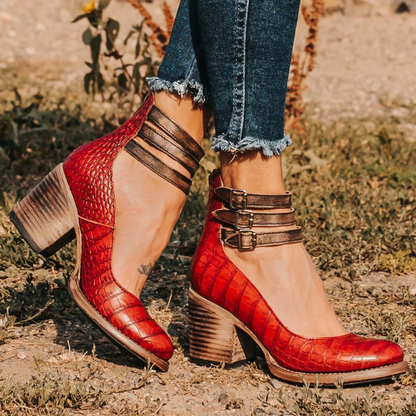 Ladies Buckled Block Heel Ankle Shoes