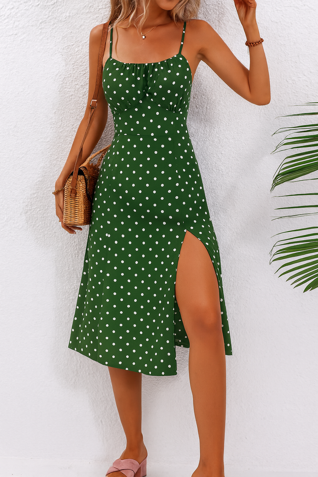 Women's Midi Polka Dot Dress with Slit