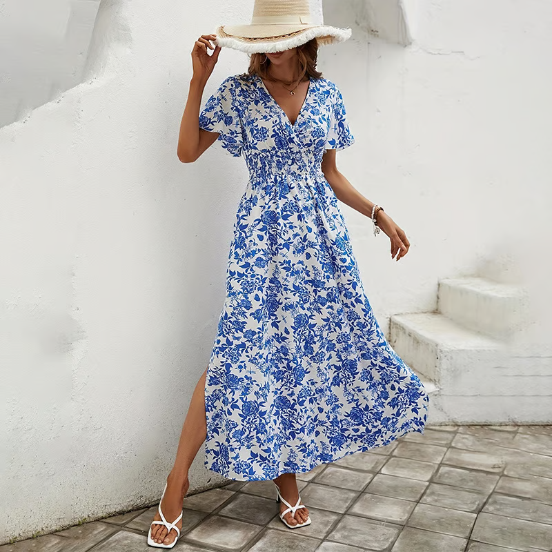 Women's V Neck Flowy Beach Dress - VibreMode