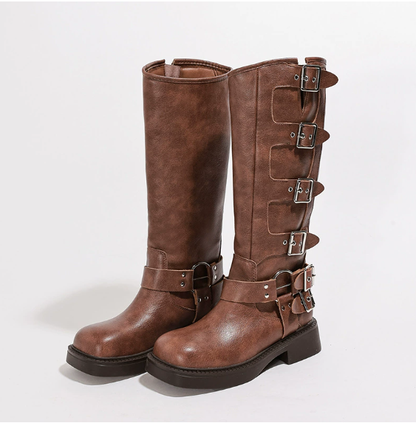 Women's Knee-High Buckle Boots Flat Sole - VibreMode