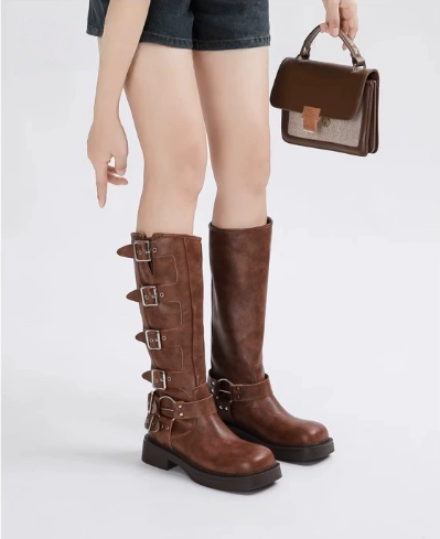 Women's Knee-High Buckle Boots Flat Sole