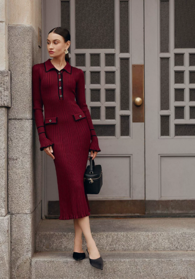 Classic Fit Women's Polo Neck Midi Dress with Buttons