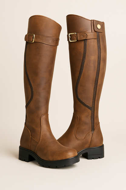 Women's Knee-High Boots Buckle Strap Lug Sole - VibreMode