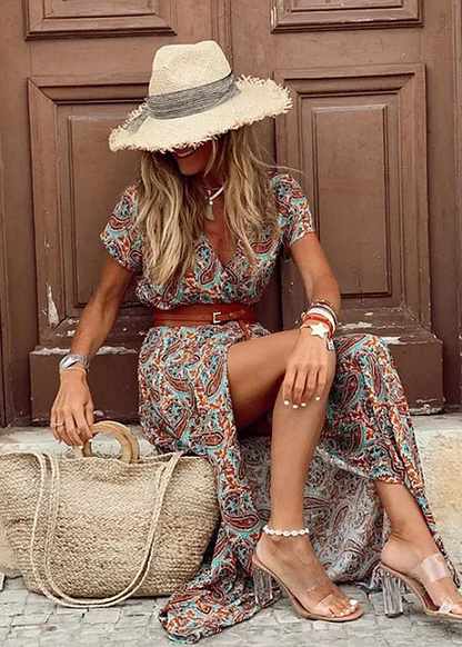 Women's Boho Maxi Dress Cotton With Belt