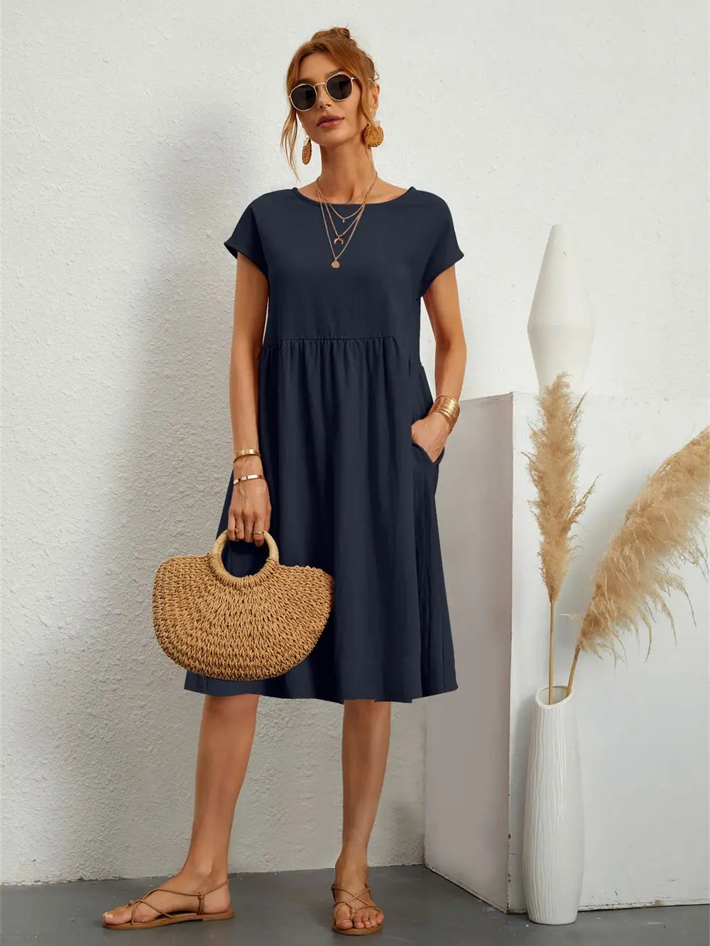 Women's Midi Dress Gathered Waist
