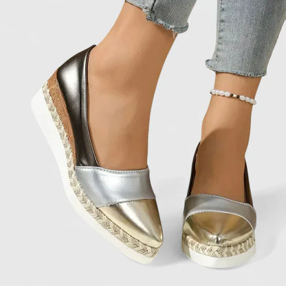 Women's Metallic Espadrille Wedge Loafers Slip On Shoes - VibreMode