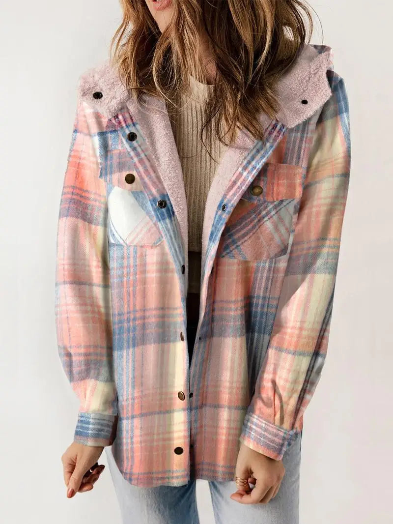 Women's Plaid Hooded Button Down Jacket