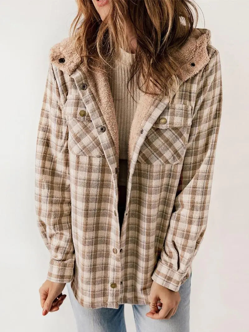 Women's Plaid Hooded Button Down Jacket