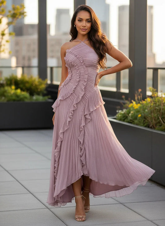 Flared Hem Ruffled Waist Midi Dress - VibreMode