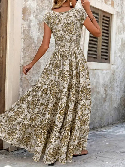 Women's Boho Maxi Dress Smocked Print Tiered