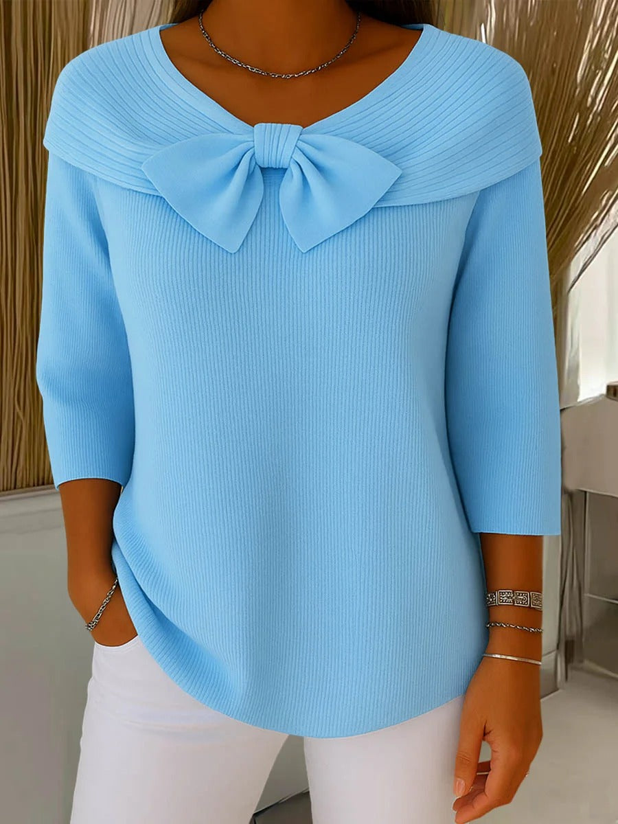 Women's Cable Knit Sweater with Bow Neck - VibreMode