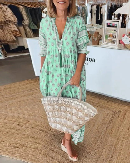 Women's Boho Maxi Dress Ruffle Sleeve Tiered