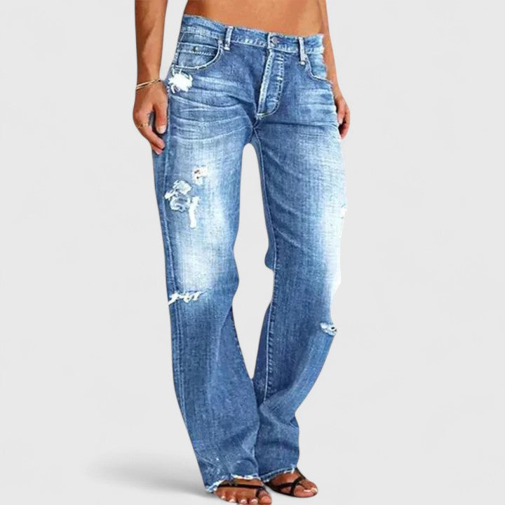 Women's Distressed Straight Leg Low Rise Jeans - VibreMode