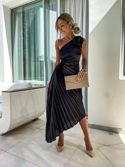 Image of Jamie | Women's One Shoulder Pleated Midi Dress