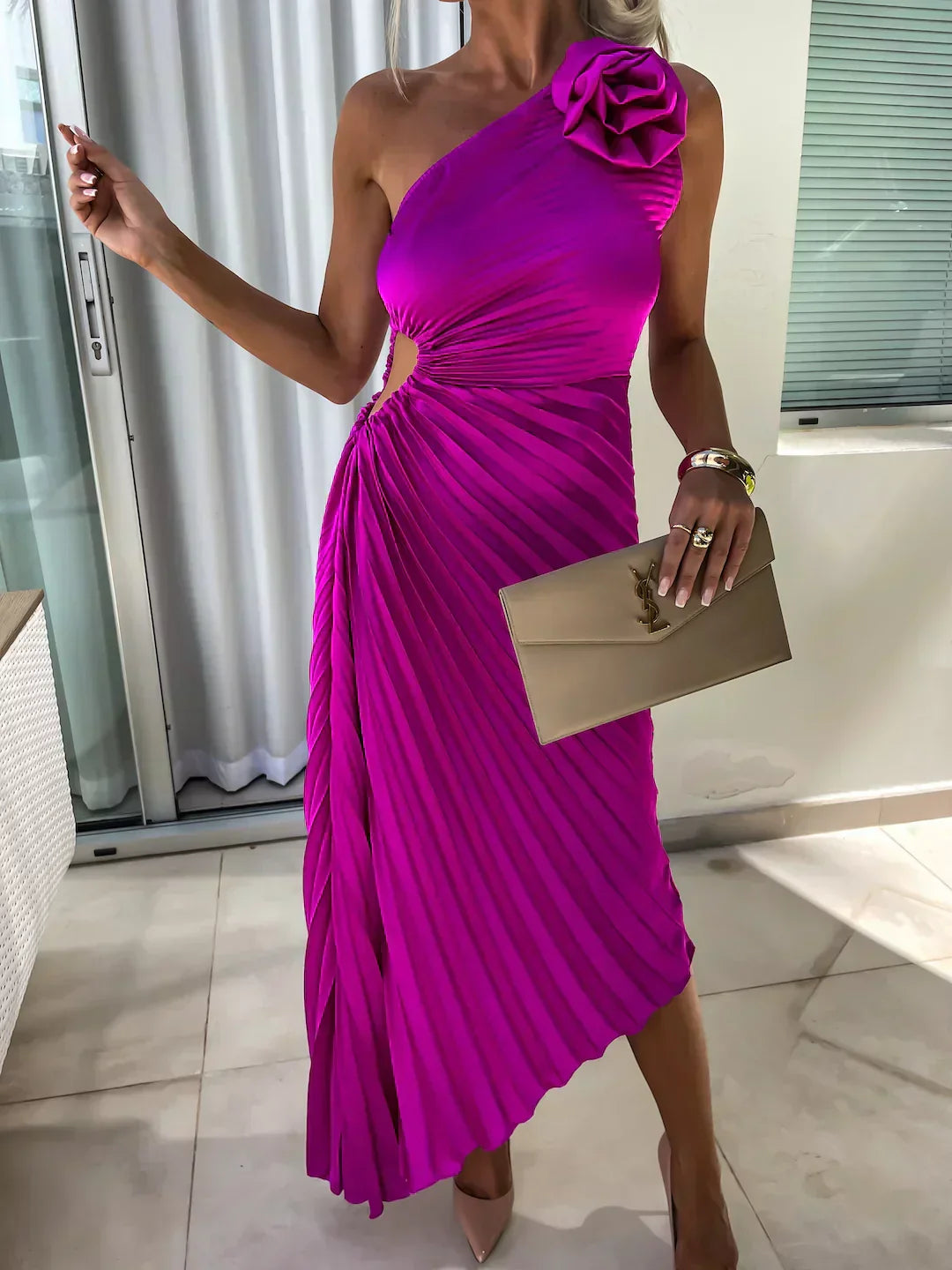 Image of Jamie | Women's One Shoulder Pleated Midi Dress