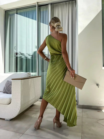 Image of Jamie | Women's One Shoulder Pleated Midi Dress