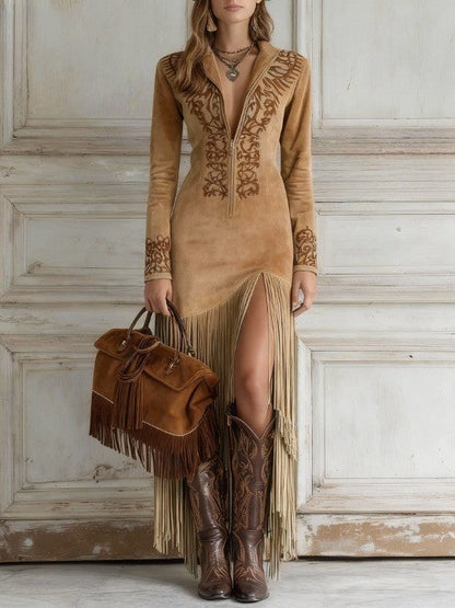 Women's Long-Sleeve Maxi Dress Embroidered V-Neck