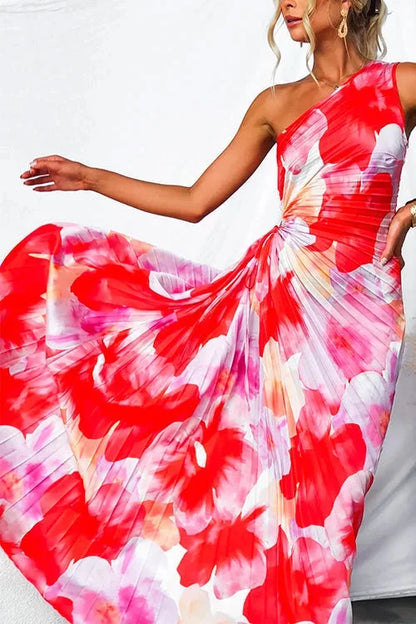 Women's One-Shoulder Maxi Dress Red Floral
