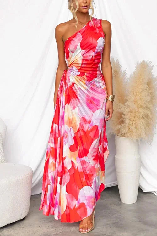 Women's One-Shoulder Maxi Dress Red Floral - VibreMode