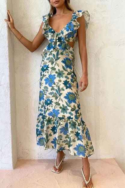 Women's Floral Ruffle Maxi Dress V-Neckline