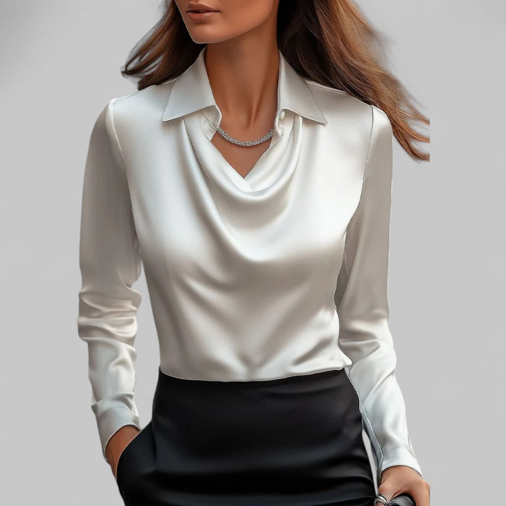 Women's Long Sleeve Satin Blouse Draped Neck - VibreMode