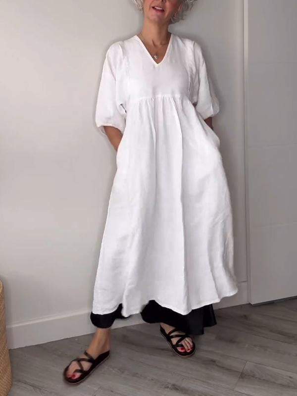 Women's V Neck Midi Dress Tummy Control with Pockets Casual
