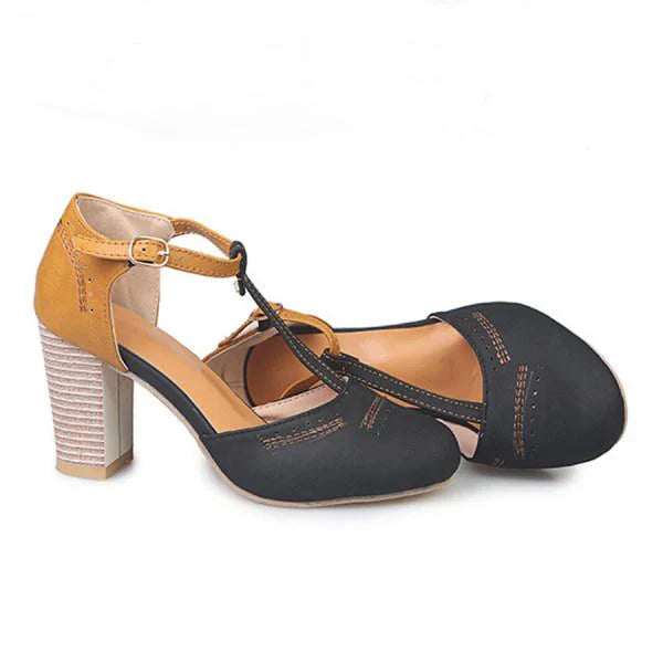 Women's Block Heel Pumps Round Toe Buckle Ankle Strap