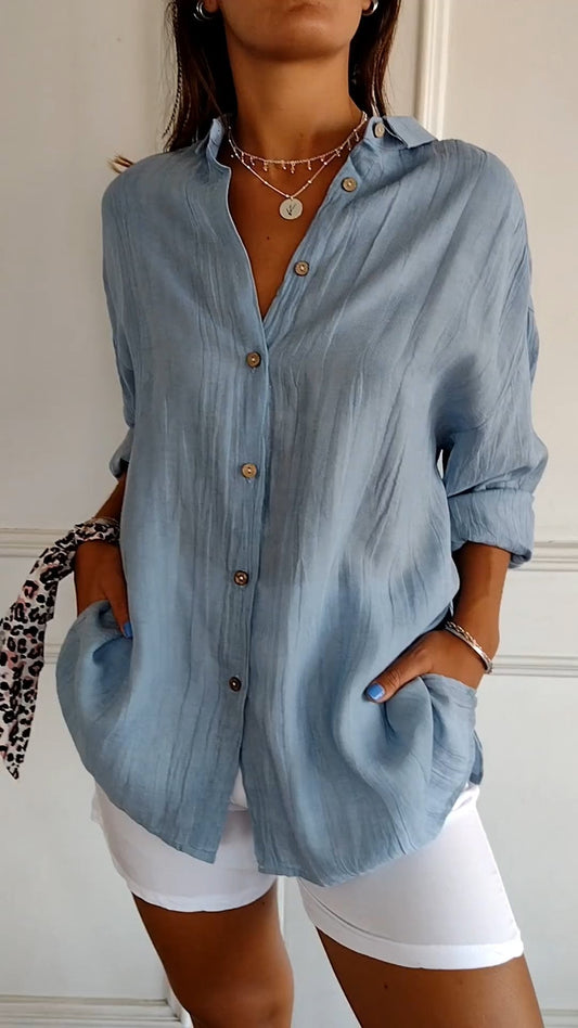 Relaxed Fit Women's Long Sleeve Button Down Shirt - VibreMode