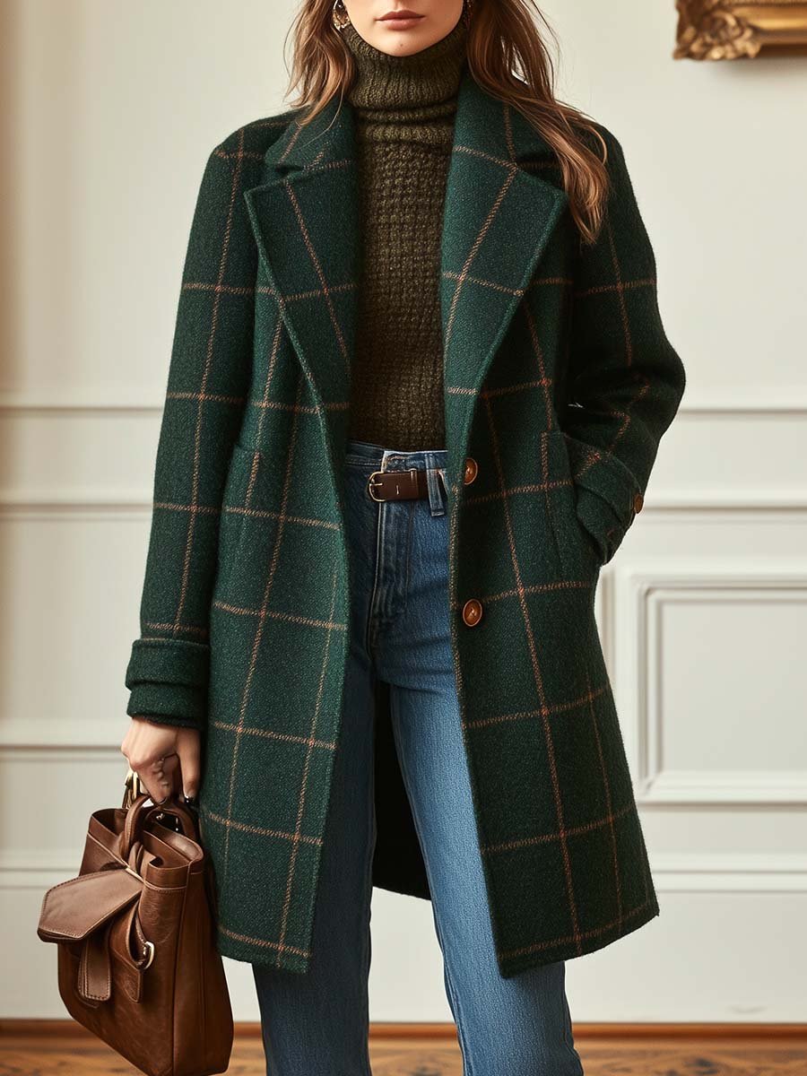 Women's Check Coat Lapel Neckline - VibreMode
