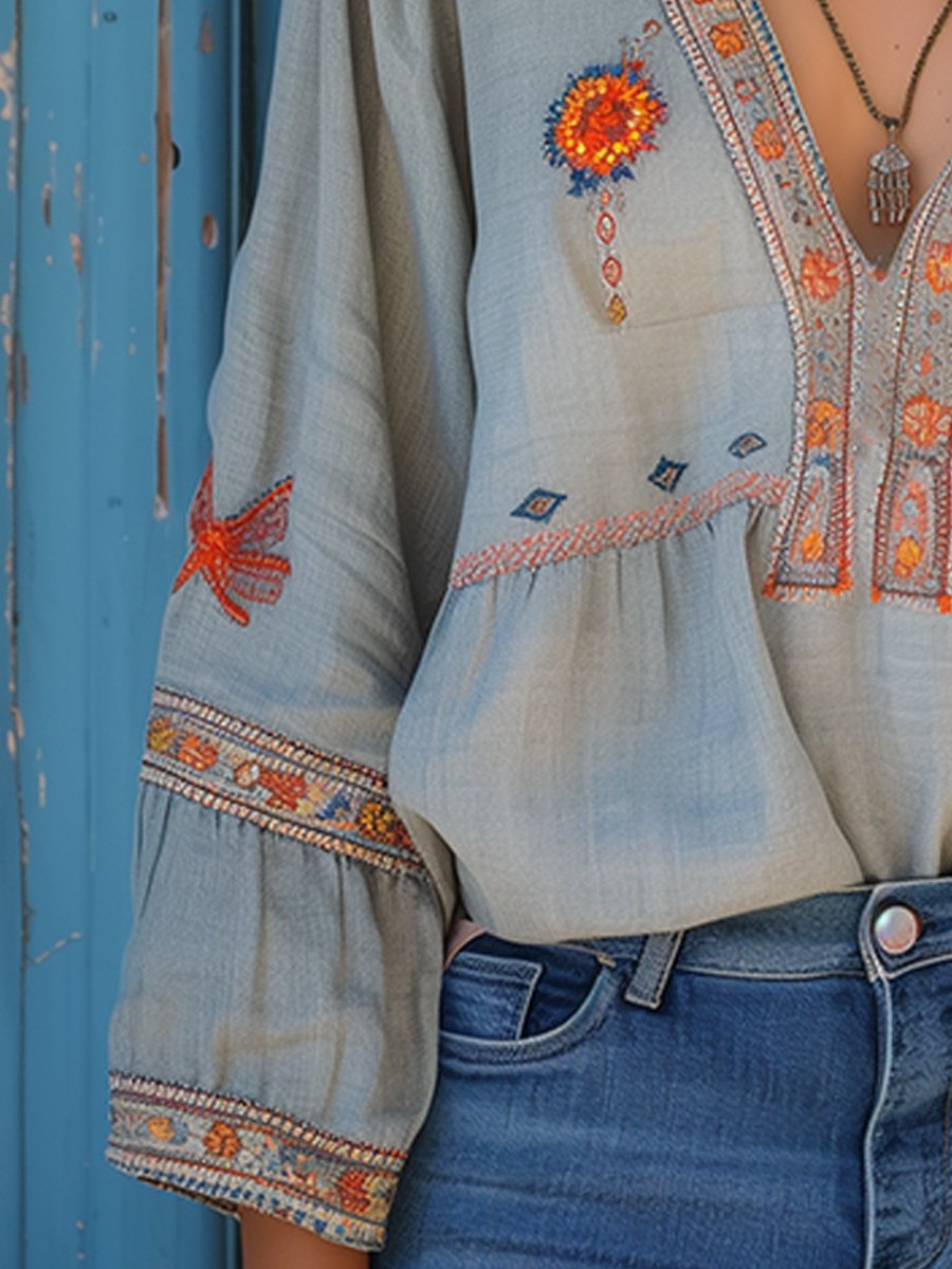Women's Embroidered V-Neck Blouse Long Sleeve Cotton
