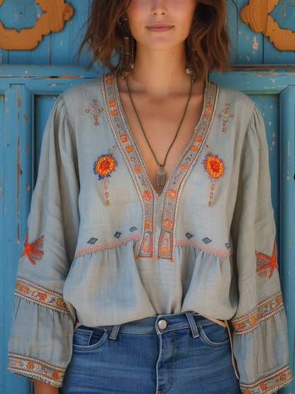 Women's Embroidered V-Neck Blouse Long Sleeve Cotton - VibreMode