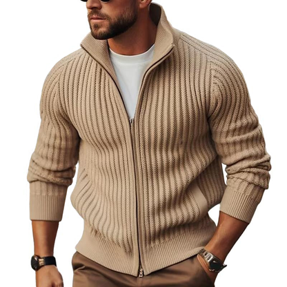 Men's Zip-Up Cardigan Ribbed Knit Stand Collar