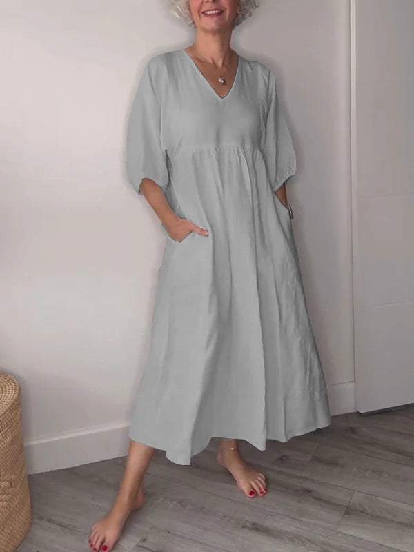 Women's V Neck Midi Dress Tummy Control with Pockets Casual