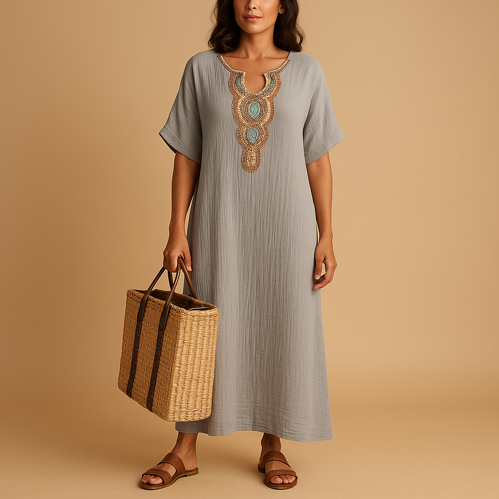 Women’s kaftan summer dress with airy flowy fit and lightweight design, perfect for beach days, vacations, and warm weather occasions.