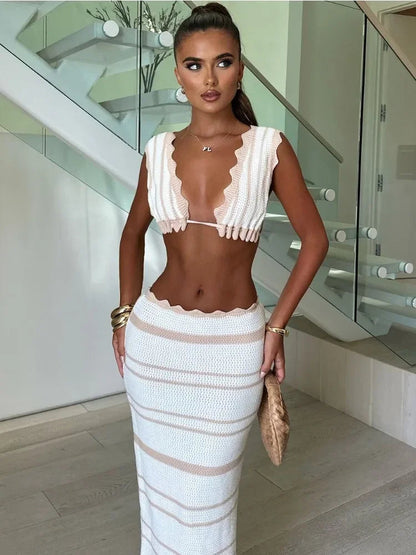 Women's Crop Skirt Set Scalloped Design - VibreMode