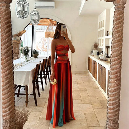Keily Women's Strapless Maxi Dress Color Block